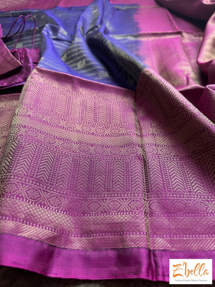 Purple And Majenta Brocade Soft Silk Saree With Stitched Blouse Saree