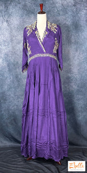 Purple Full Length Gown With Work On Neck Kurti Set