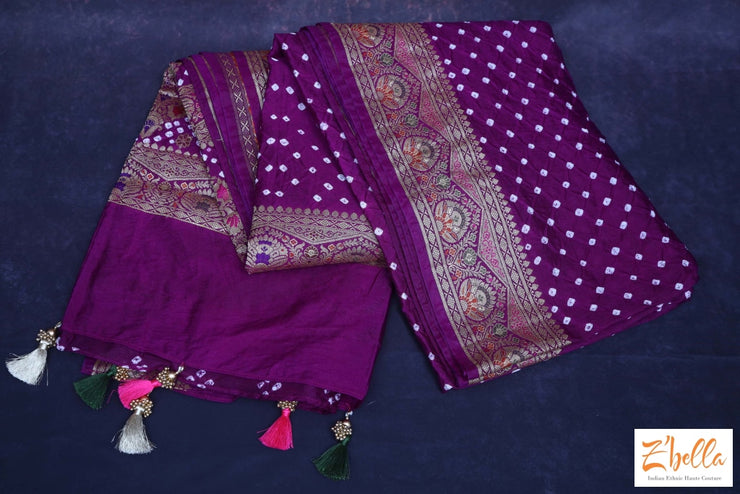 Purple Gajji Silk Bandini Saree With Banarsi Border Stitched Blouse Saree