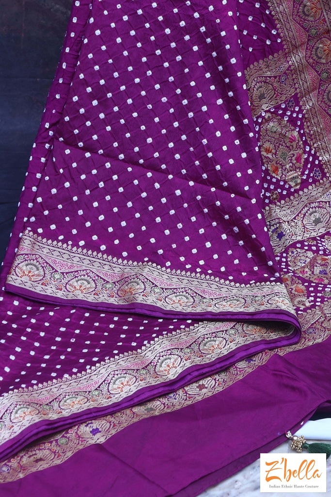 Purple Gajji Silk Bandini Saree With Banarsi Border Stitched Blouse Saree