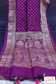 Purple Gajji Silk Bandini Saree With Banarsi Border Stitched Blouse Saree