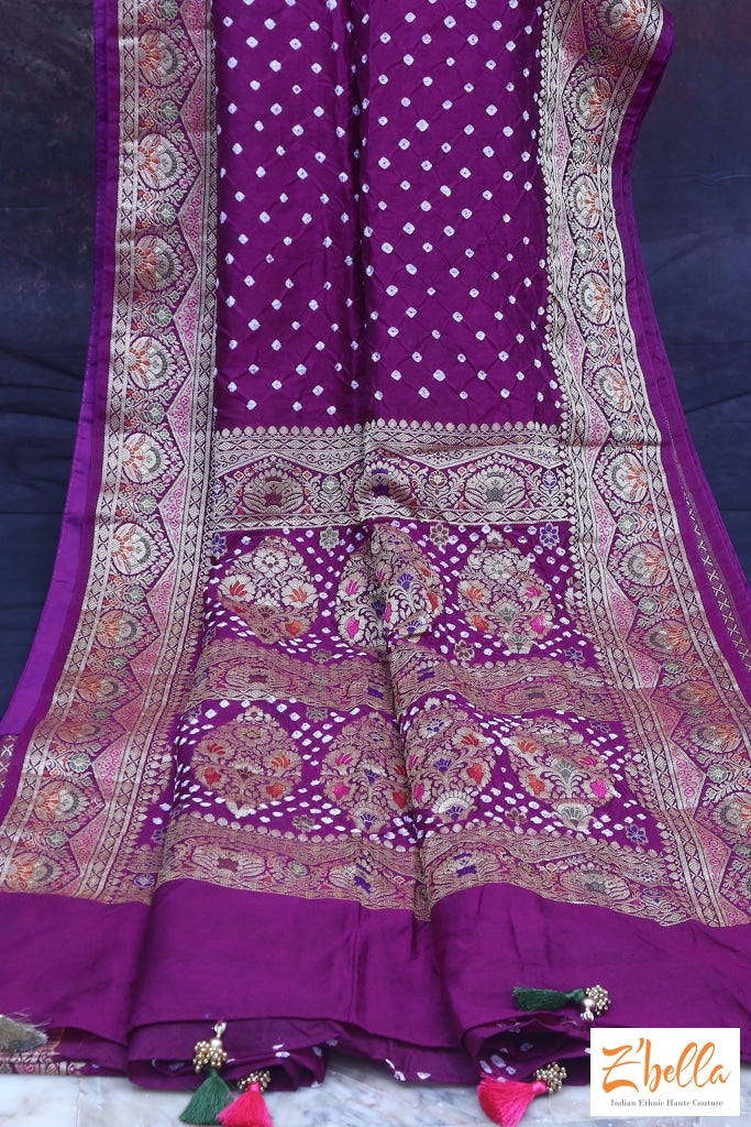 Purple Gajji Silk Bandini Saree With Banarsi Border Stitched Blouse Saree