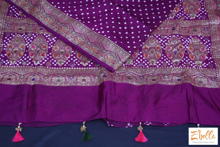 Purple Gajji Silk Bandini Saree With Banarsi Border Stitched Blouse Saree