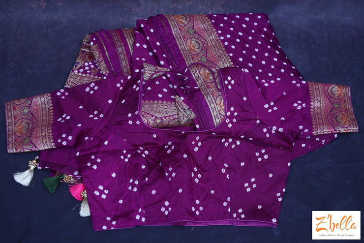 Purple Gajji Silk Bandini Saree With Banarsi Border Stitched Blouse Saree