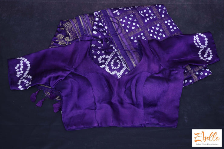 Blue Gajji Silk Bandini Saree With Banarsi Border Stitched Blouse Saree