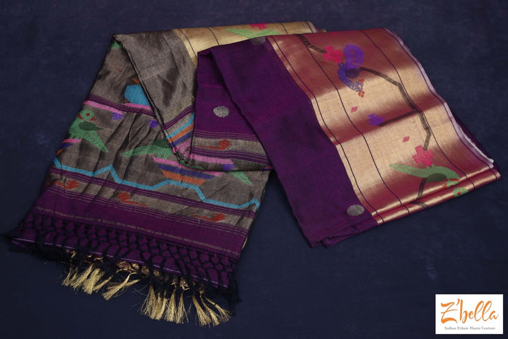 Purple Handwoven Paithani Pure Cotton Saree With Stitched Blouse Saree