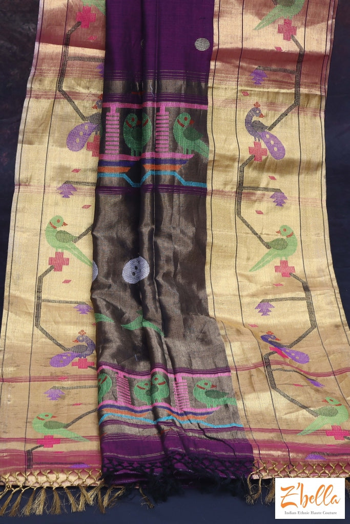 Purple Handwoven Paithani Pure Cotton Saree With Stitched Blouse Saree