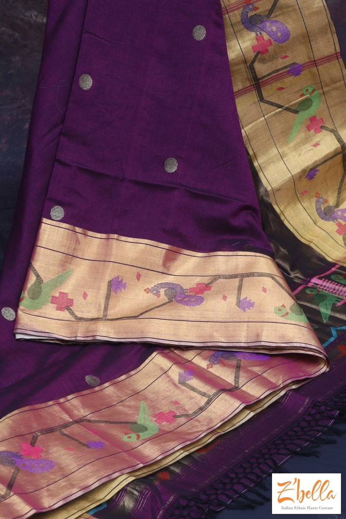 Purple Handwoven Paithani Pure Cotton Saree With Stitched Blouse Saree