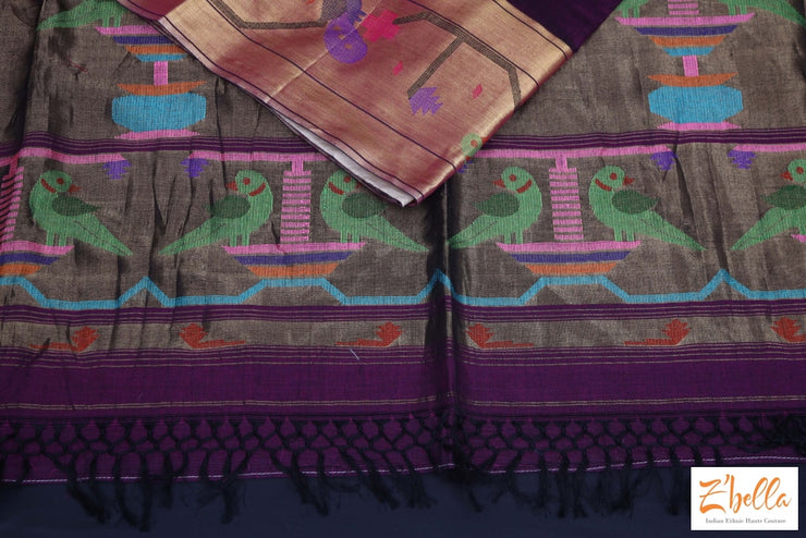 Purple Handwoven Paithani Pure Cotton Saree With Stitched Blouse Saree