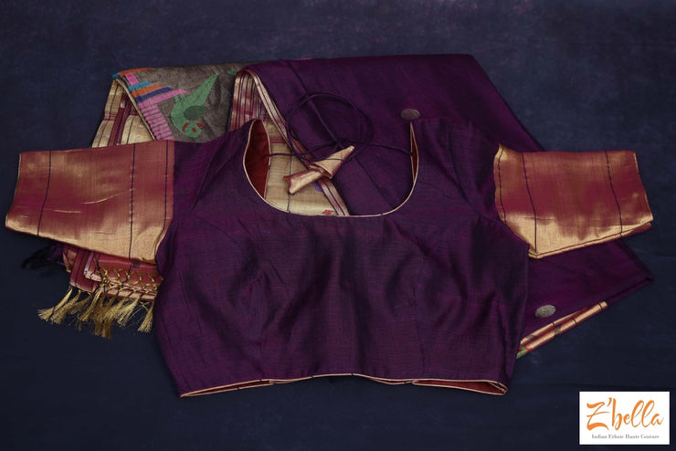 Purple Handwoven Paithani Pure Cotton Saree With Stitched Blouse Saree