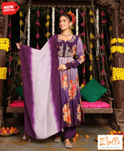 Purple Printed Crepe Kurti With Emroidery Bottom And Dupatta Kurti Set