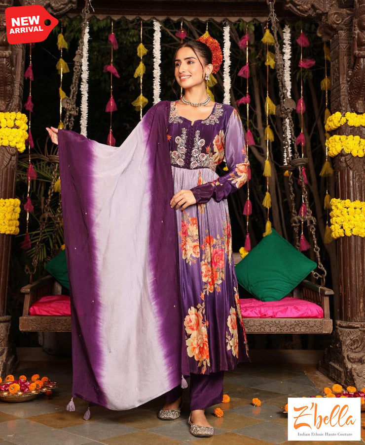 Purple Printed Crepe Kurti With Emroidery Bottom And Dupatta Kurti Set