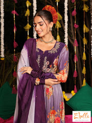 Purple Printed Crepe Kurti With Emroidery Bottom And Dupatta Kurti Set