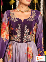 Purple Printed Crepe Kurti With Emroidery Bottom And Dupatta Kurti Set