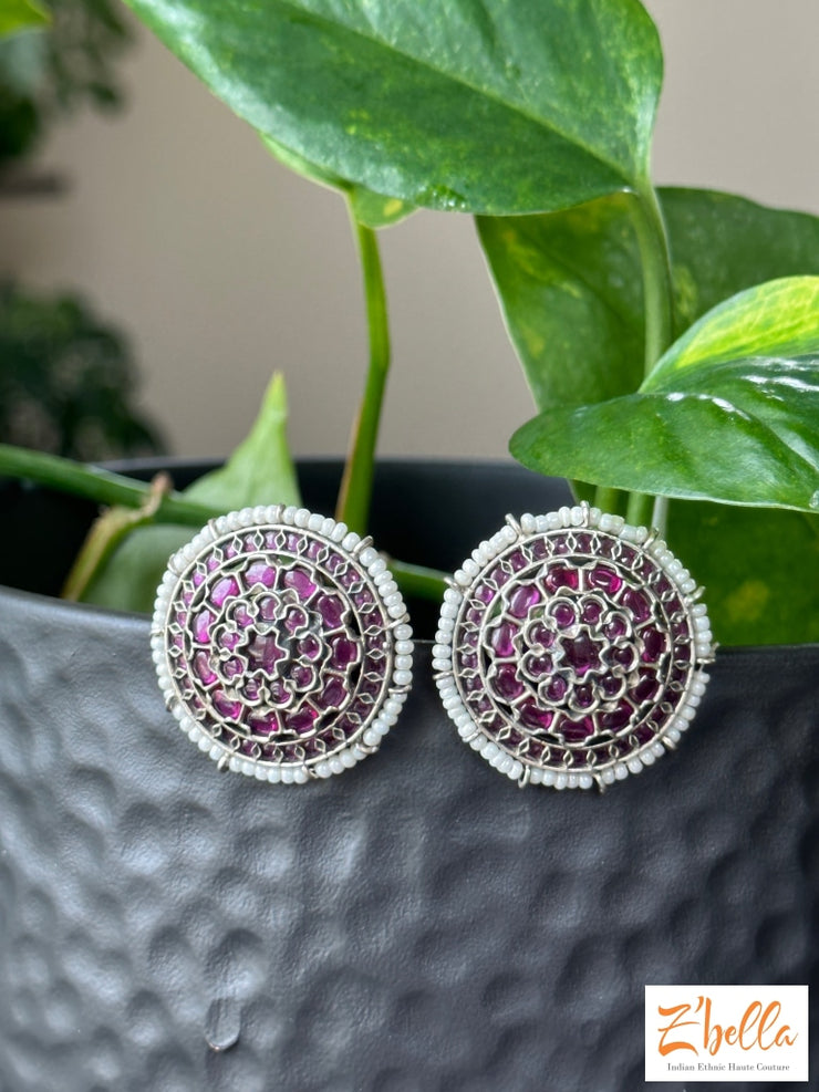 Real Kemp Green And Red Stone Stud Earrings Silver Tone