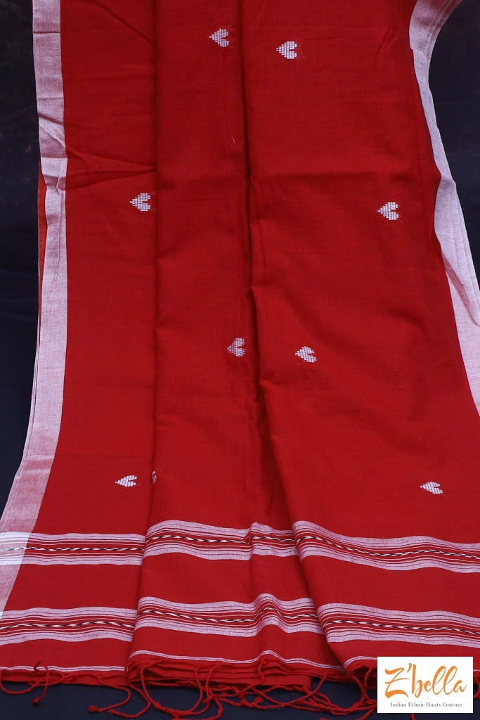 Red And White Combo Heart Weave Pure Handloom Cotton Saree With Bp Saree