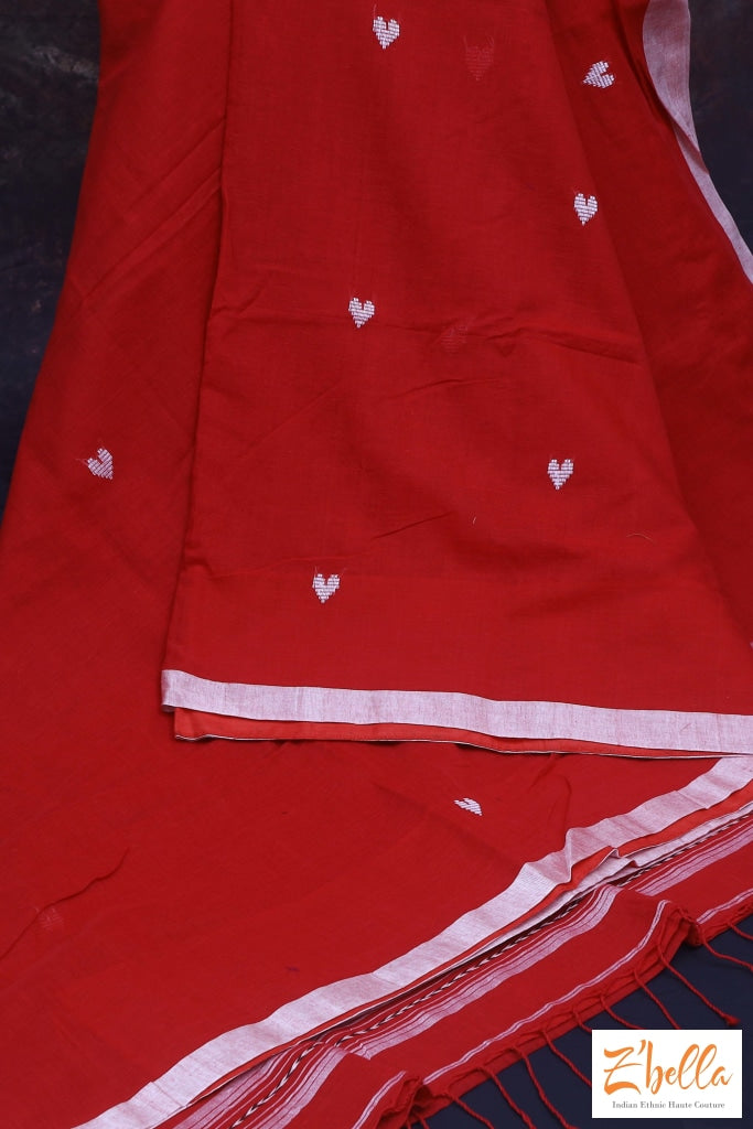 Red And White Combo Heart Weave Pure Handloom Cotton Saree With Bp Saree