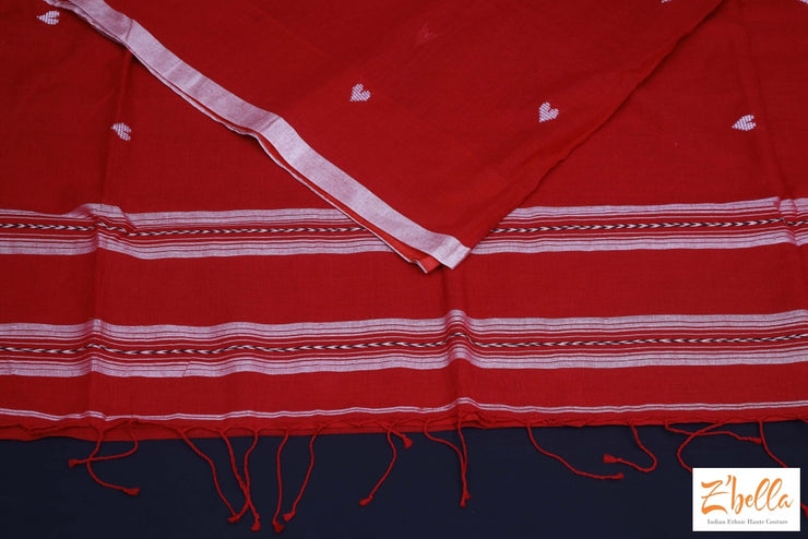 Red And White Combo Heart Weave Pure Handloom Cotton Saree With Bp Saree