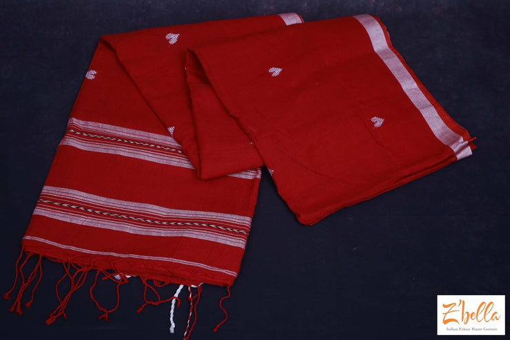Red And White Combo Heart Weave Pure Handloom Cotton Saree With Bp Saree