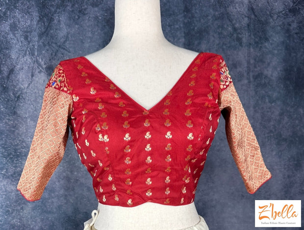 Red Banarsi Blouse With Sleeves Blouse