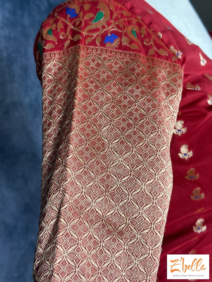 Red Banarsi Blouse With Sleeves Blouse