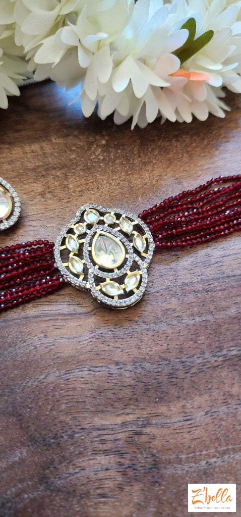 Red Beaded Kundan Choker With Earring Necklace