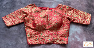 Red Brocade Blouse With Sleeves Blouse