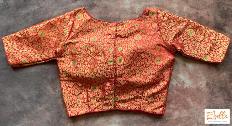 Red Brocade Blouse With Sleeves Blouse