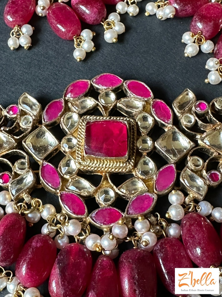 Red Color Kemp And Pachi Kundan Choker With Earring Necklace