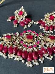 Red Color Kemp And Pachi Kundan Choker With Earring Necklace