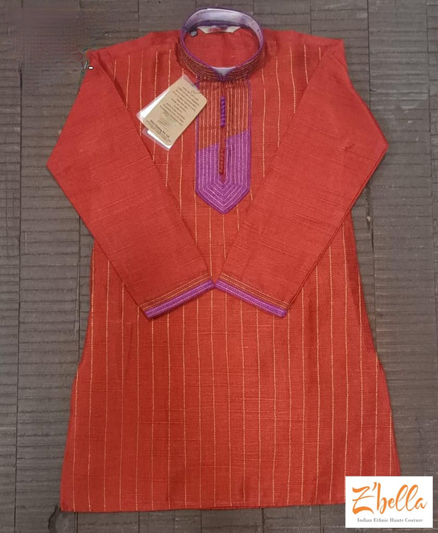 Red Color Kurta With Neck Embroidary Bottom Boy Kids Set