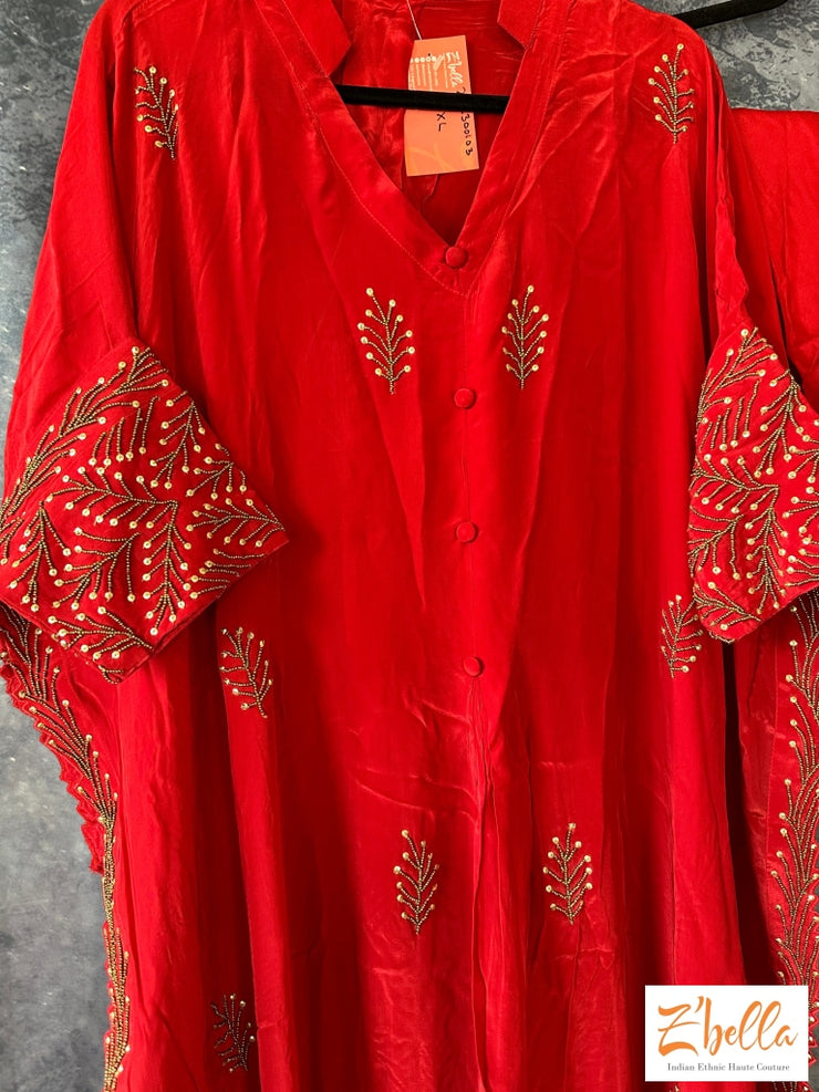 Red Designer Top And Bottom With Bead Work Kurti Set