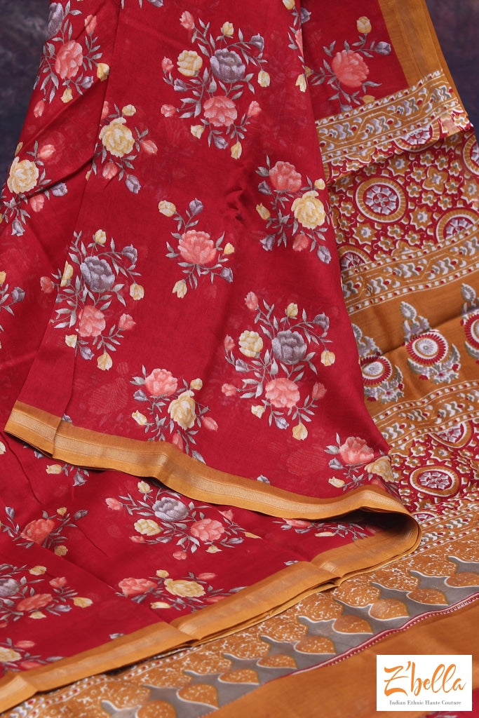 Red Floral Printed Chanderi Cotton Silk Saree With Bp Saree