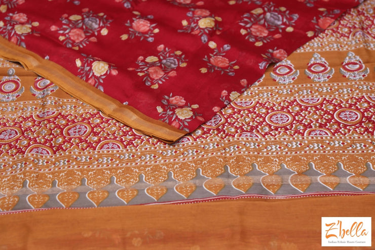 Red Floral Printed Chanderi Cotton Silk Saree With Bp Saree