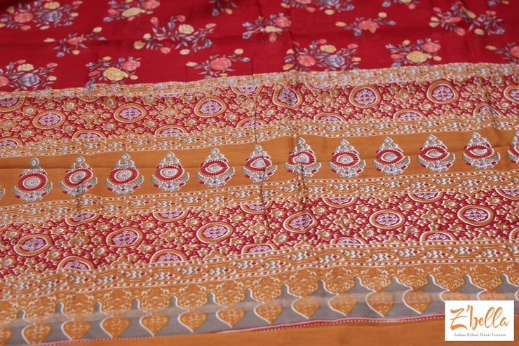Red Floral Printed Chanderi Cotton Silk Saree With Bp Saree