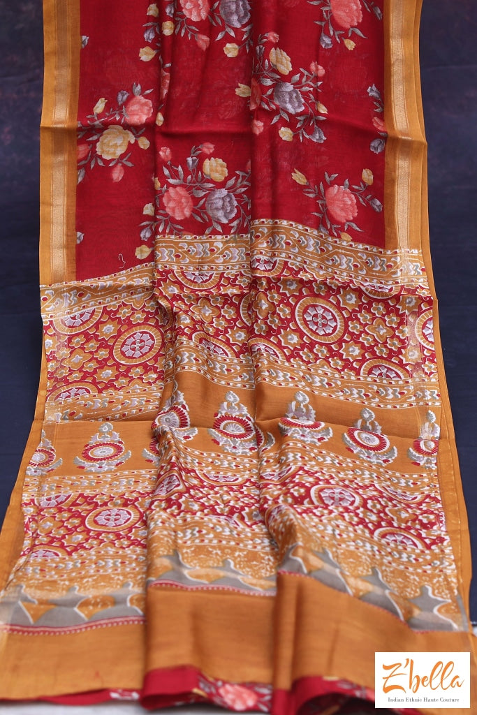 Red Floral Printed Chanderi Cotton Silk Saree With Bp Saree