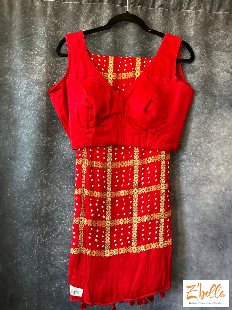 Red Gajji Silk Bandihini Garchola Saree With Stitched Blouse Saree