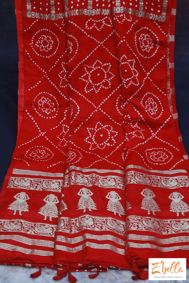 Red Modal Silk Bandihini Garchola Saree With Stitched Blouse Saree