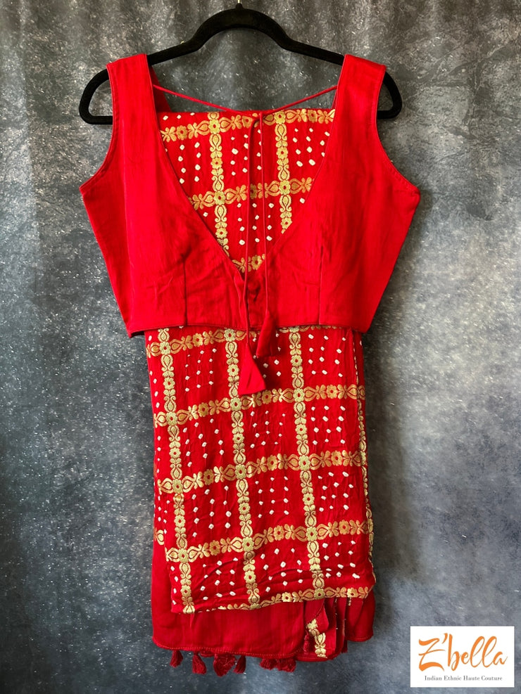 Red Gajji Silk Bandihini Garchola Saree With Stitched Blouse Saree