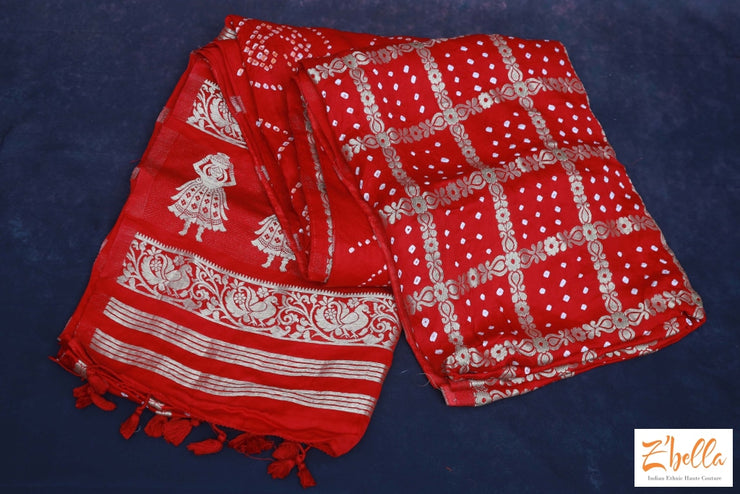 Red Modal Silk Bandihini Garchola Saree With Stitched Blouse Saree