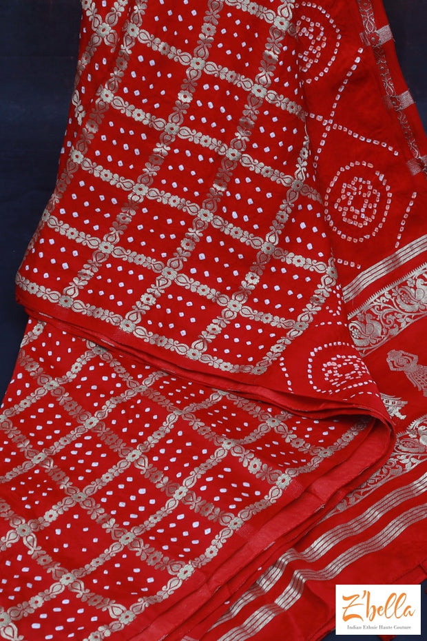 Red Modal Silk Bandihini Garchola Saree With Stitched Blouse Saree