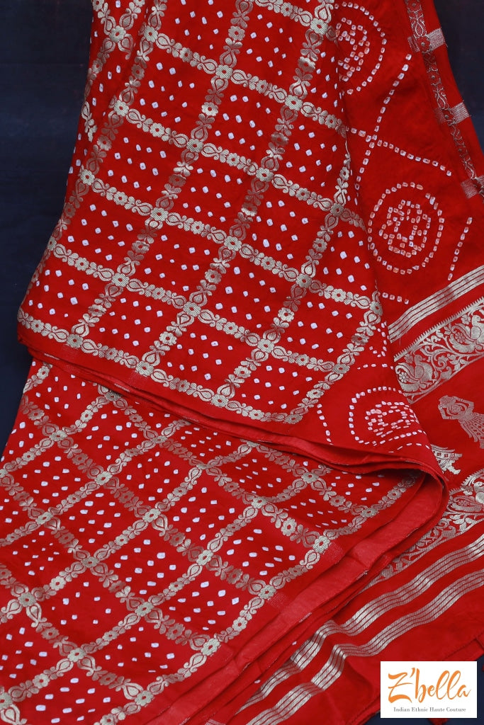 Red Modal Silk Bandihini Garchola Saree With Stitched Blouse Saree
