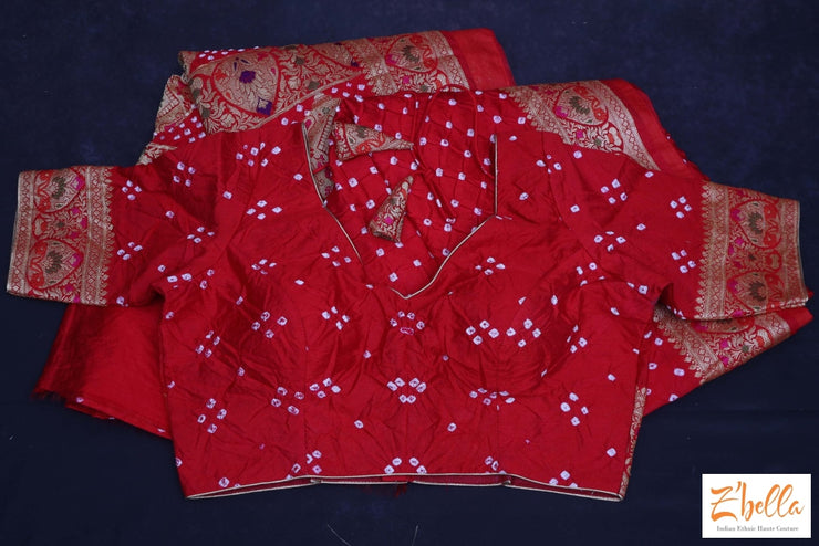Red Gajji Silk Bandini Saree With Banarsi Border Stitched Blouse Saree