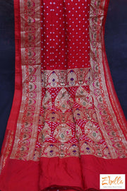Red Gajji Silk Bandini Saree With Banarsi Border Stitched Blouse Saree