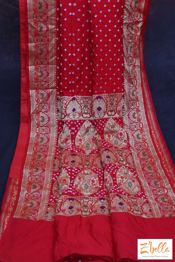 Red Gajji Silk Bandini Saree With Banarsi Border Stitched Blouse Saree