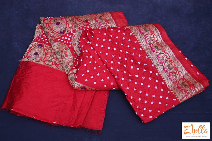 Red Gajji Silk Bandini Saree With Banarsi Border Stitched Blouse Saree