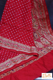 Red Gajji Silk Bandini Saree With Banarsi Border Stitched Blouse Saree
