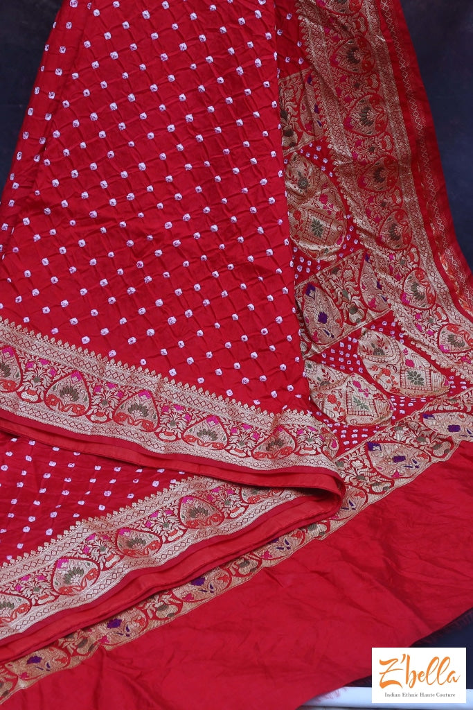 Red Gajji Silk Bandini Saree With Banarsi Border Stitched Blouse Saree
