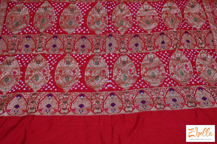 Red Gajji Silk Bandini Saree With Banarsi Border Stitched Blouse Saree