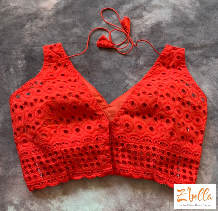 Red Hakoba Cotton Blouse With Cut Work Blouse